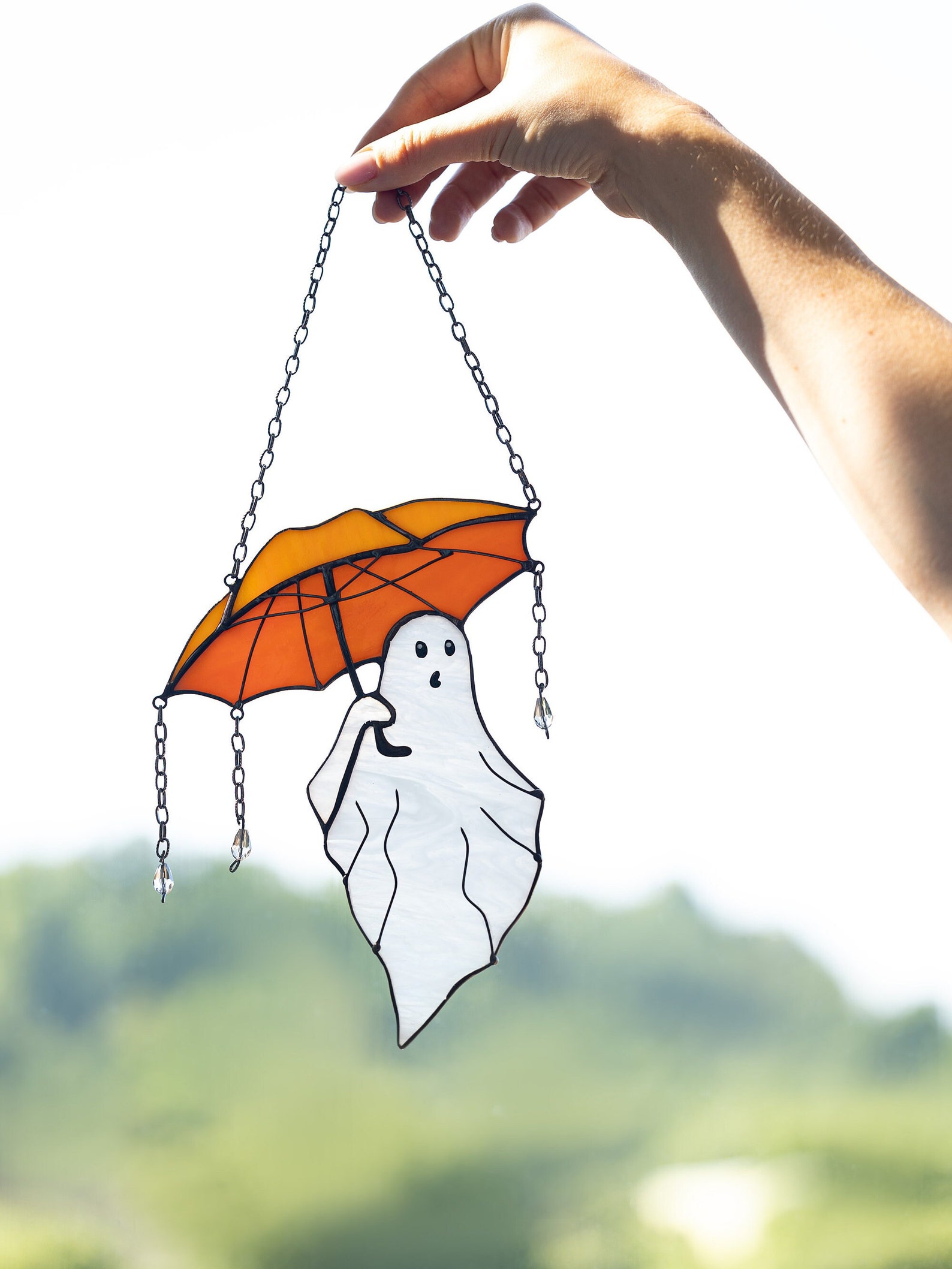 (Last Day Promotion - 70% OFF) Mystical Funny Ghost with Umbrella Stained Glass Suncather