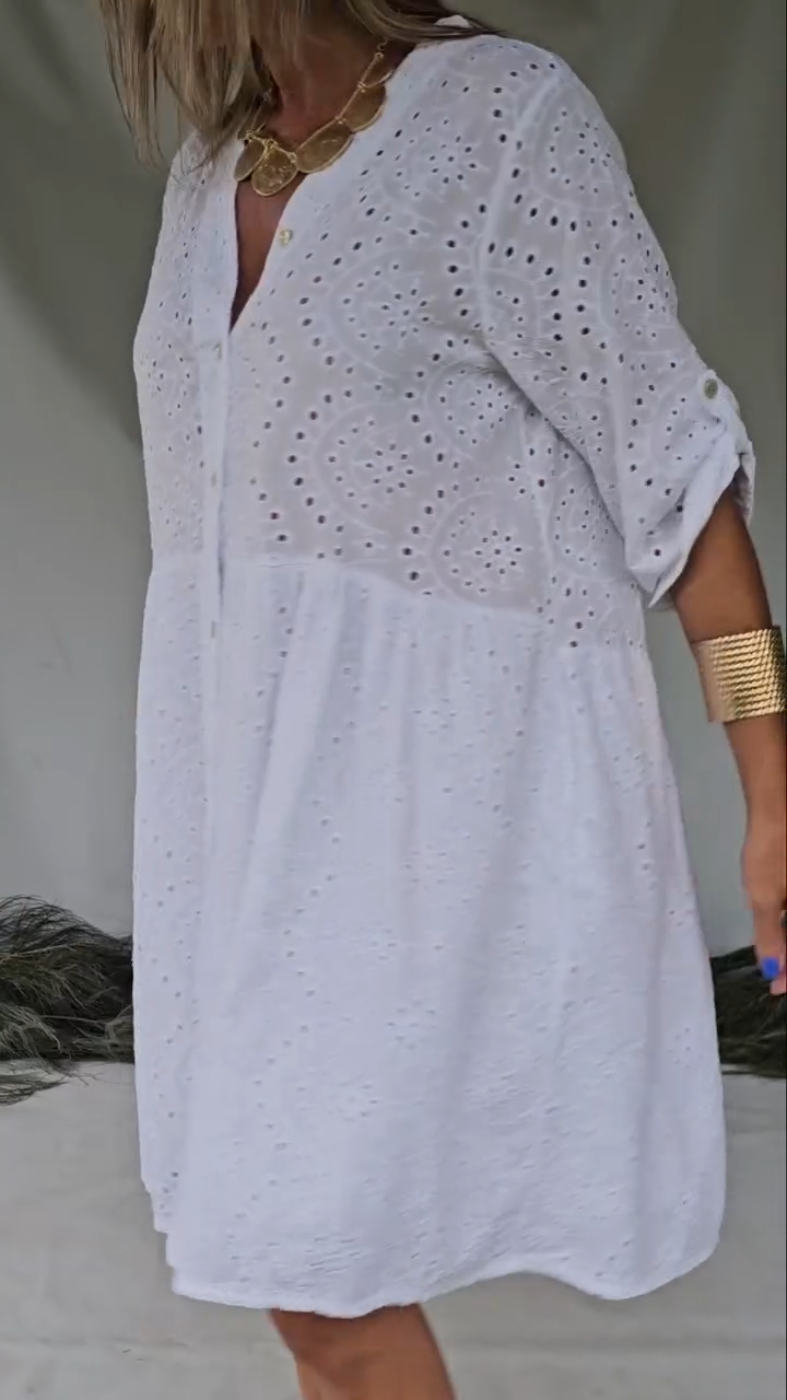 Women's Casual Solid Color V-Neck Lace Hollow Dress