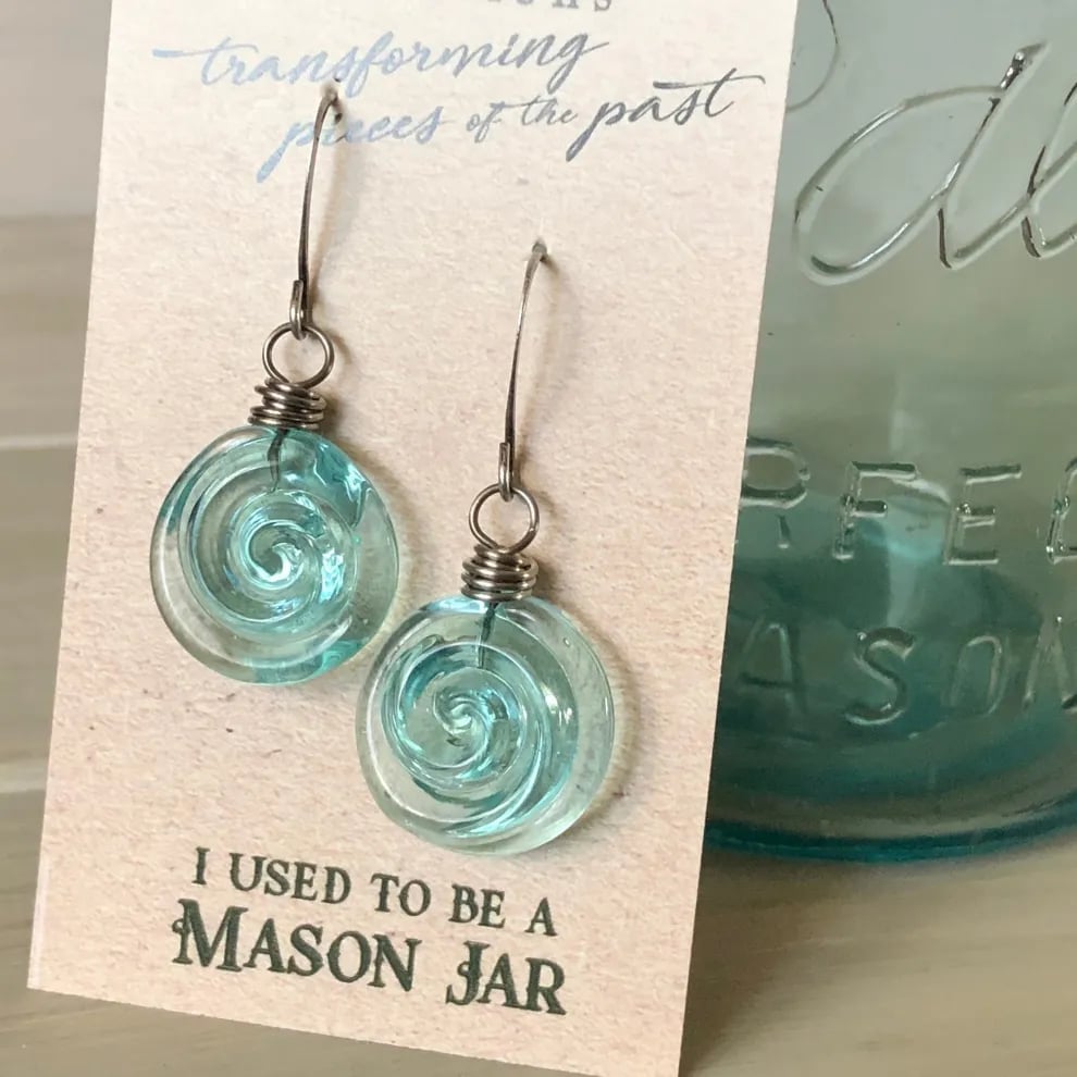 🌊Recycled Glass Spiral Earrings: Upcycled Mason Jar Dangles