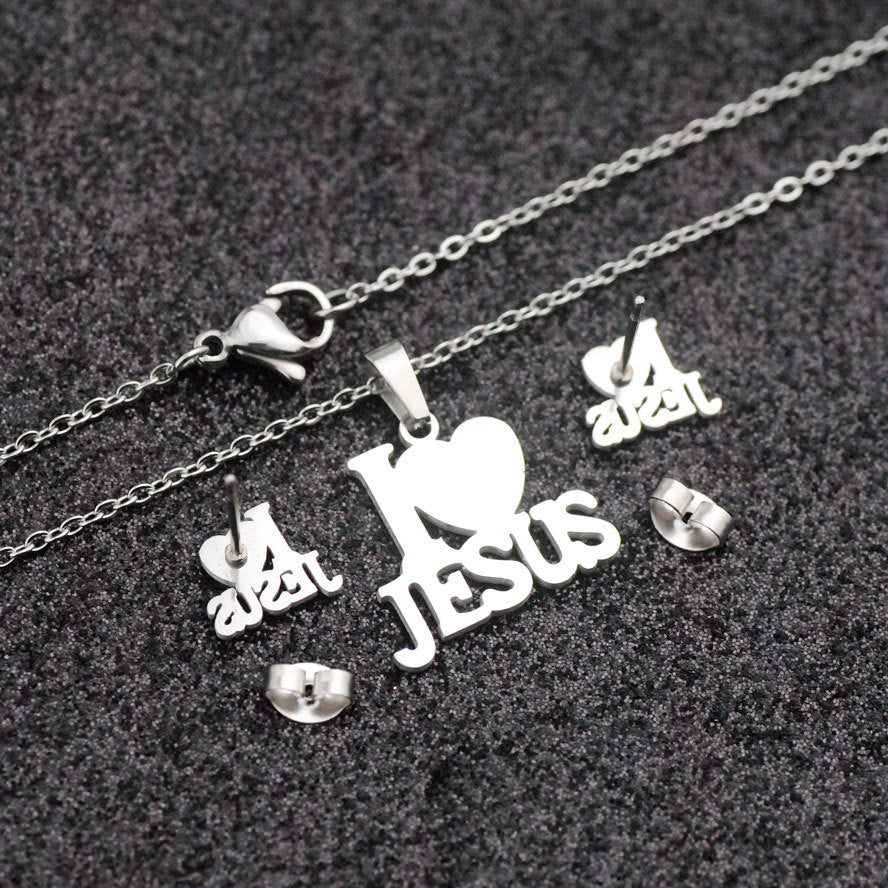 Stainless Steel I Love Jesus Heart Letter Pendant Necklace/Earrings Jewelry Set