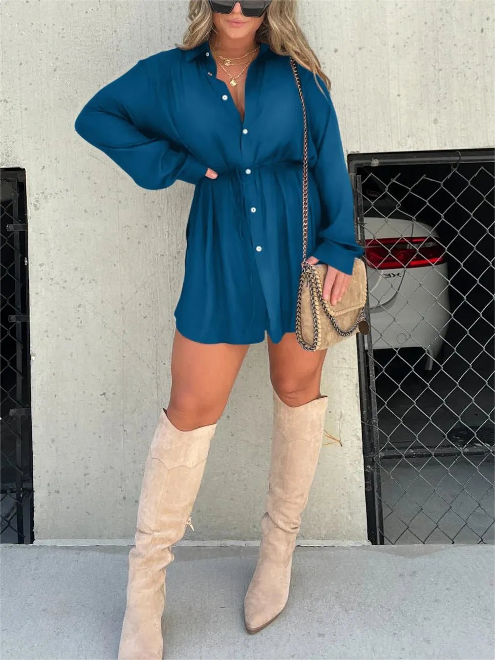 🔥🔥-Women's Solid Color Long Sleeve Shirt Dress