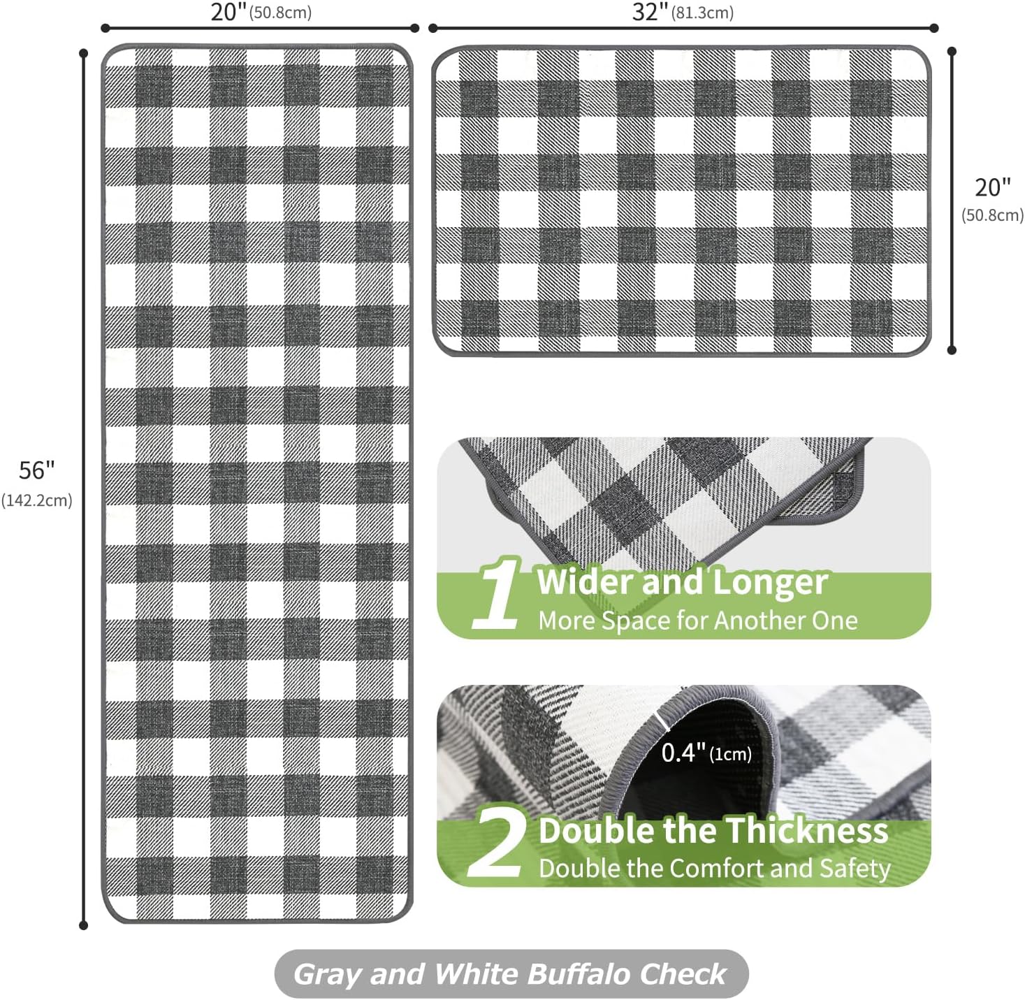 Buffalo Check Plaid Kitchen Rug Set - 2PCS (17x47 & 17x29), Farmhouse Style, Non-Printed Woven Surface, Non-Slip, Machine Washable, Black & White