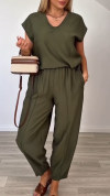 Ladies' U-neck Solid Color Casual Set