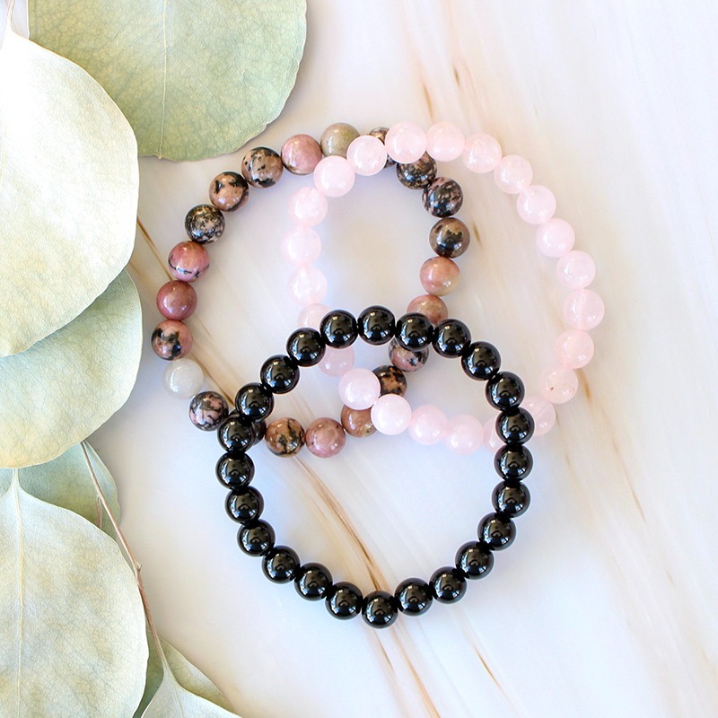 🔥Stress Relief Crystal Bracelet Set-Onyx, Rhodonite, Rose Quartz