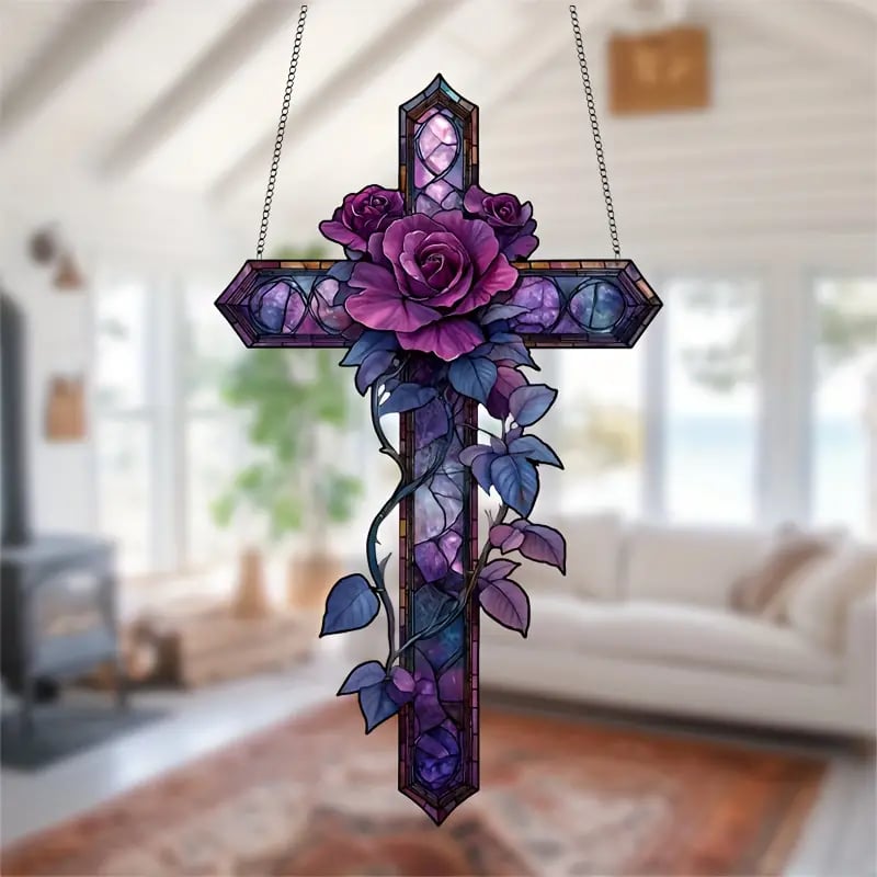 ✝️💜Purple Rose Cross Suncatcher Hanging Decor