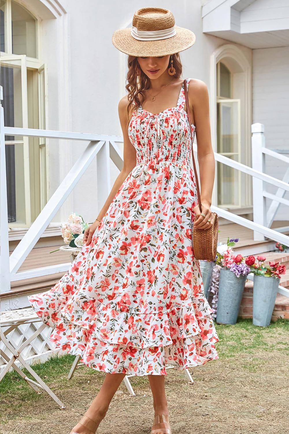 GRACE KARIN Women's 2024 Summer Floral Boho Dress Square Neck Strapped Swing A Line Beach Long Maxi Dress