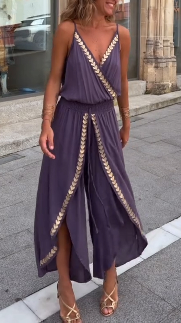 Women's V-neck Suspenders Slit Holiday Casual Jumpsuit