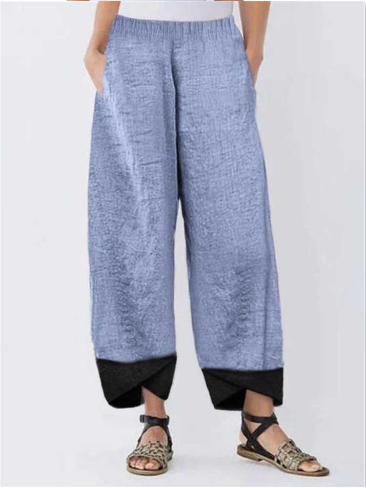 Women Cotton Linen Splicing Solid Color Irregular Pants