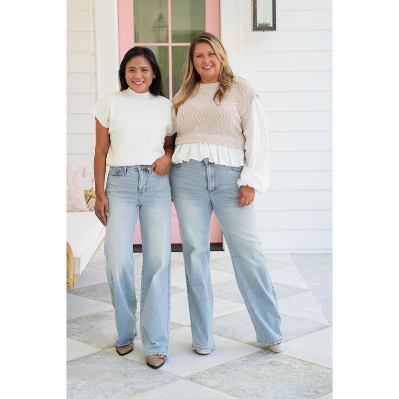 High Rise Vintage Wash Tummy Control Top Straight Leg Jeans(Buy 2 FREE SHIPPING & SAVE ＄9)