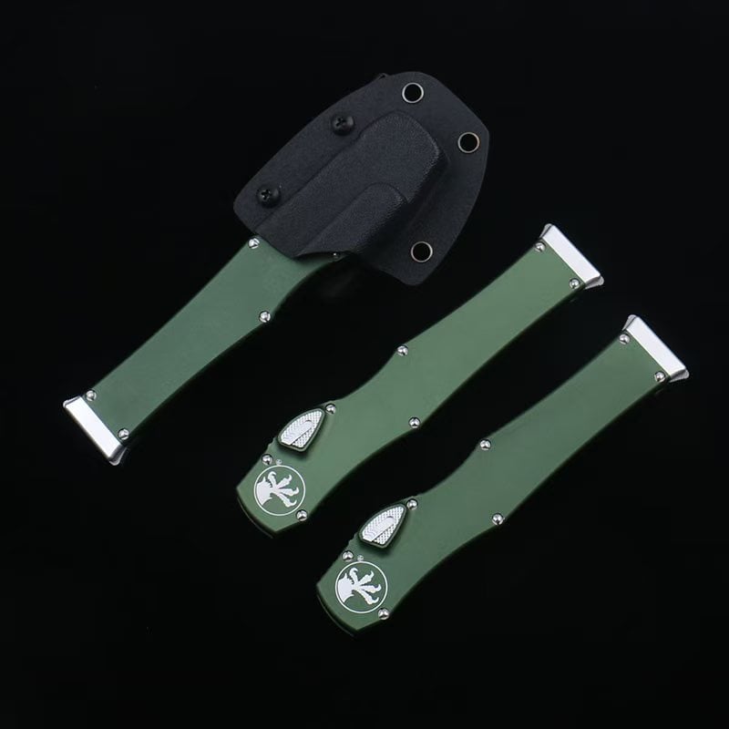 OTF micro-tech green handle Halo 6 lever straight jump knife