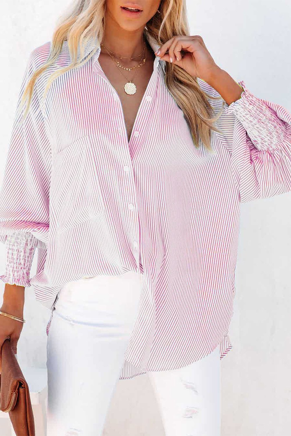 💥LAST DAY SALE 50% OFF💥Mid-Length Smocked Shirt With Striped Lapel And Oversized Drawdown Sleeves