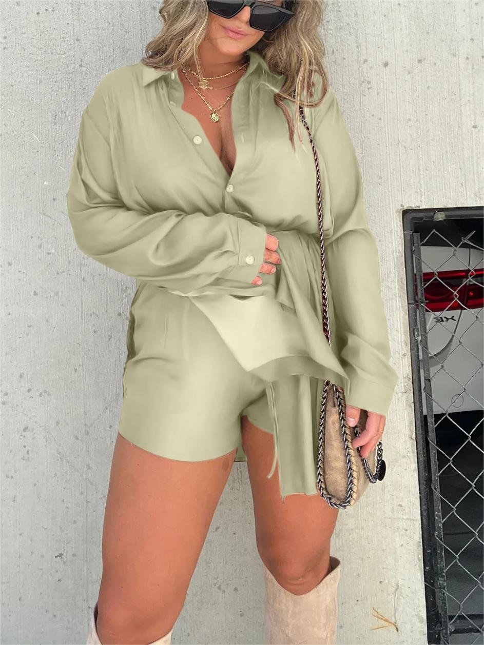 🔥🔥-Women's Solid Color Long Sleeve Shirt Dress