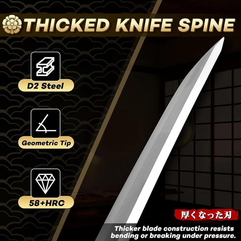 🗡️ Japanese Fixed Blade Knife – Hand-Forged Outdoor Knife with Phoenix Carved Sheath