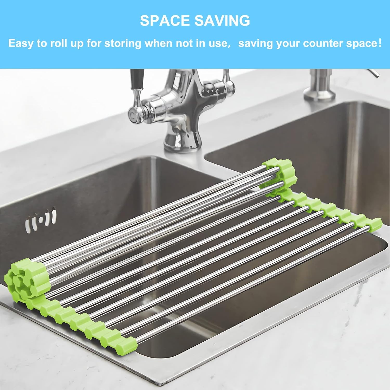 Seropy Roll Up Dish Drying Rack, Over The Sink Dish Drying Rack Kitchen Rolling Dish Drainer, Foldable Sink Rack Mat Stainless Steel Wire Dish Drying Rack for Kitchen Sink Counter Storage 17.5x11.8