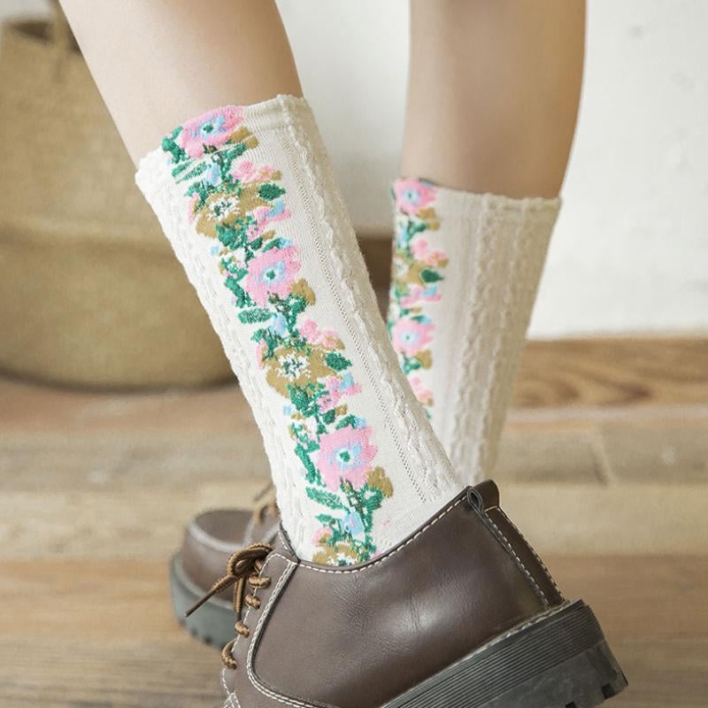 (5 pairs)Vintage Embroidered Floral Socks