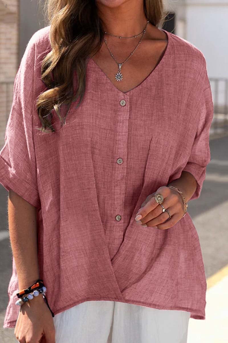 Women's cotton and linen V-neck pullover short-sleeved loose top