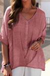 Women's cotton and linen V-neck pullover short-sleeved loose top