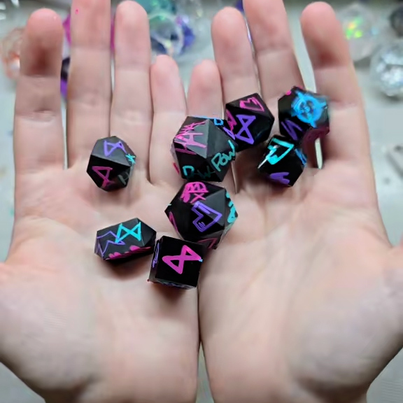 D&D Polyhedral Dice Set - Enchanted Blue and Purple Symbols