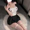 Cute Cat Ear Crop Top & Pleated Skirt Set - Playful Cartoon Print Outfit  PPF0335