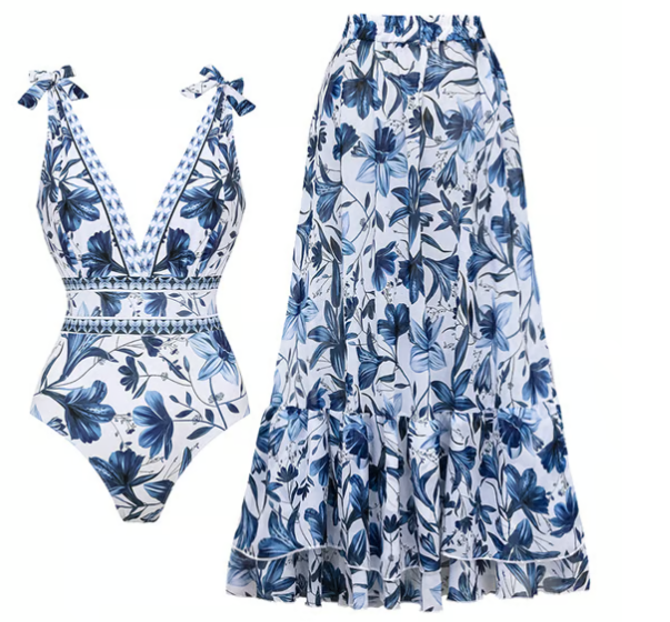 🏆Swimwear Bestsellers🏆 Einteiliger Badeanzug mit V-Ausschnitt und Bindeband-Print und Rock