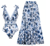🏆Swimwear Bestsellers🏆 Einteiliger Badeanzug mit V-Ausschnitt und Bindeband-Print und Rock