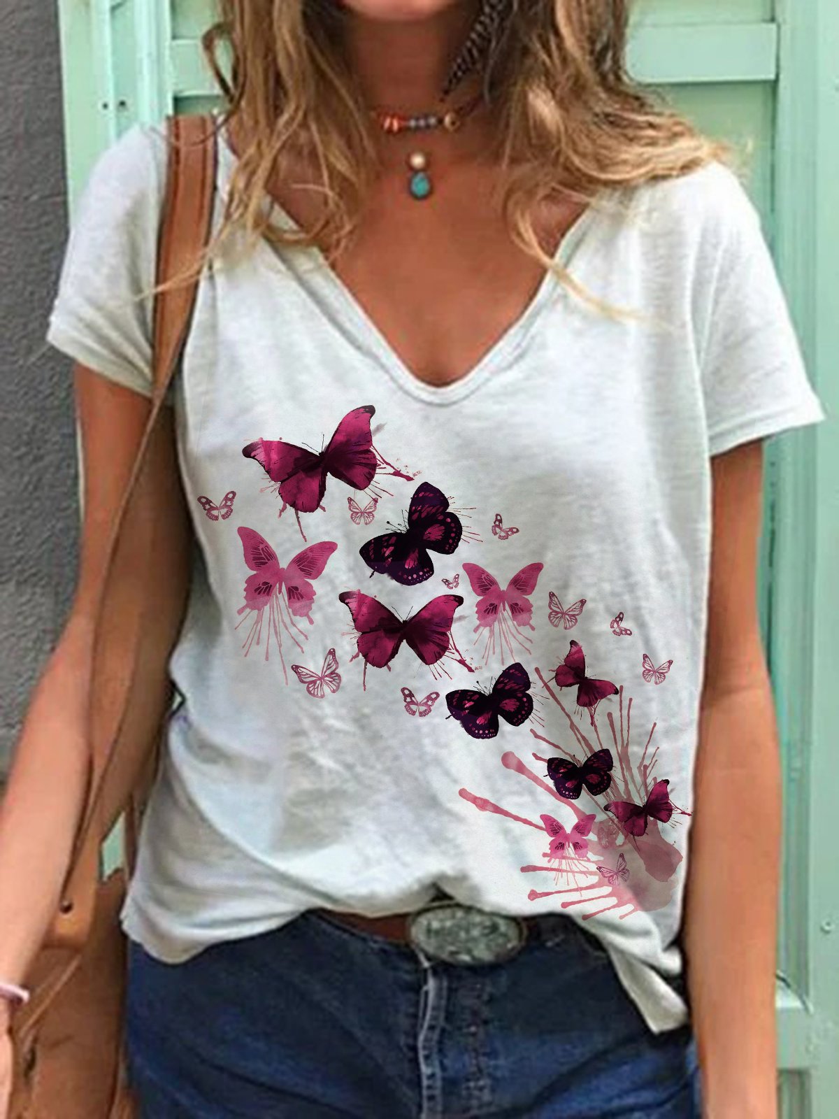 Butterfly print short sleeve V-neck casual T-shirt women's wear for summer