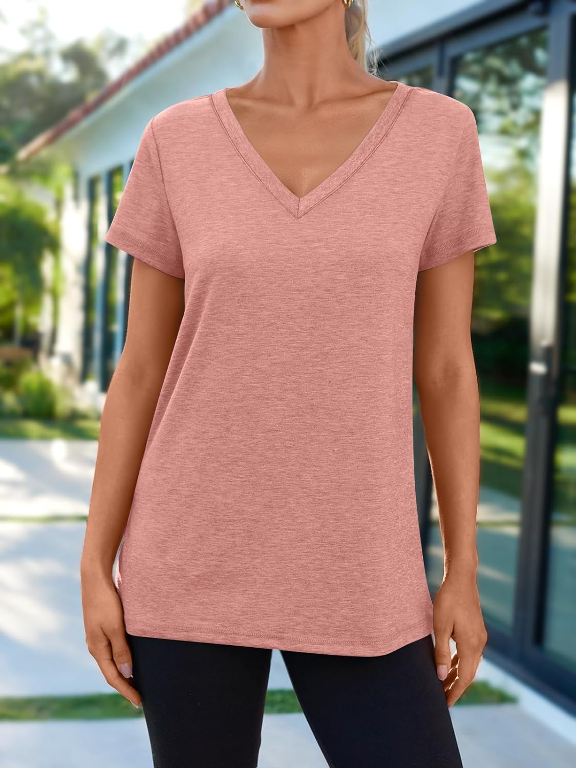 AUTOMET T Shirts Short Sleeve V Neck Tees for Women Fashion Tops Trendy Lightweight Soft Casual Summer Outfits Clothes 2024