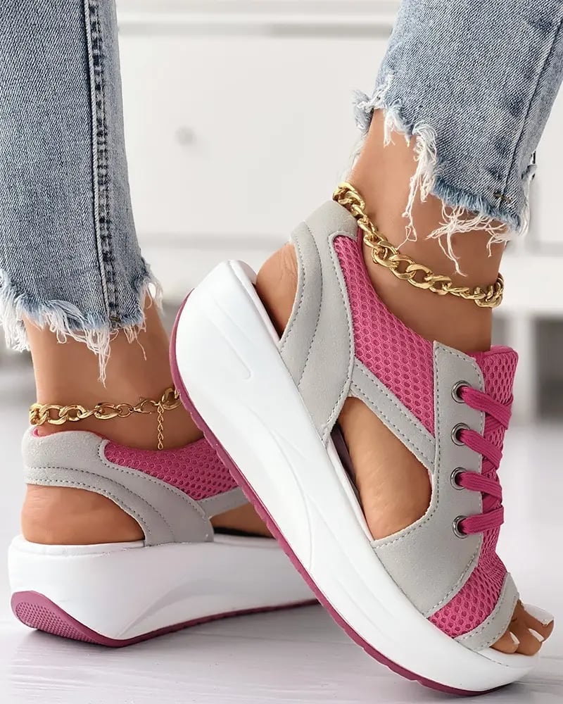 (🎉Last Day Promotion 50% OFF) Contrast Paneled Cutout Lace-up Muffin Sandals - Buy 2 Get Extra 10% OFF & FREE SHIPPING