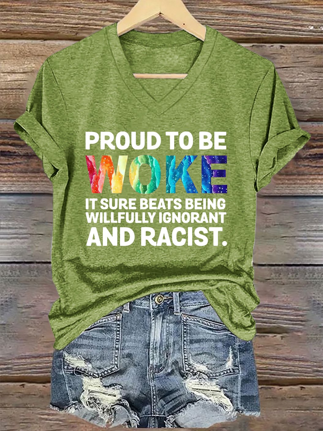 V-Neck Retro Proud To Be Woke It Sure Beats Being Willfully Ignorant And Racist Print T-Shirt