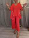 Women's V-neck Sequined Cotton and Linen Two-piece Suit