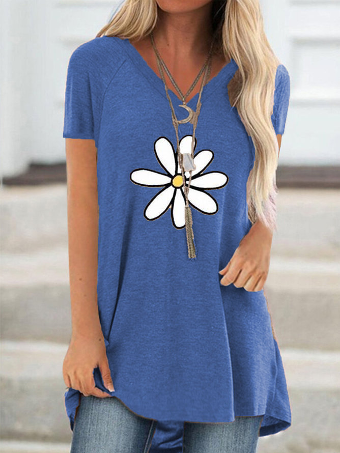 Hot style short sleeve V-neck T-shirt in flower print