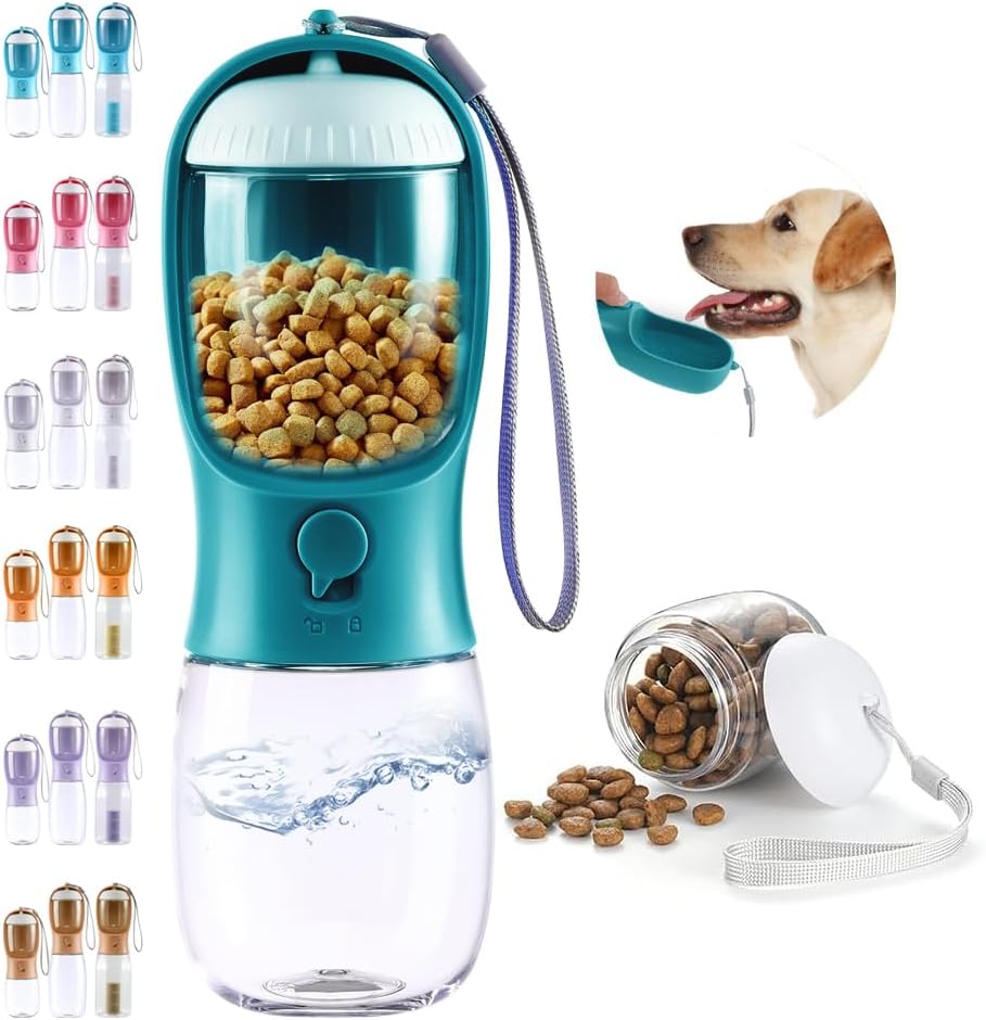 Dog Water Bottle 2 in 1, Leak Proof Portable Pet Water Bottle with Food Container, Outdoor Portable Water Dispenser for Cat, Puppy for Walking, Hiking, Camping, Travel(10oz Blue)