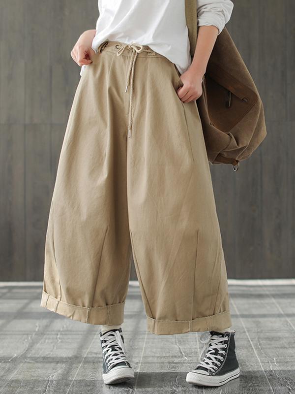 Odessa Vintage Loose Belted Ruffle Cotton Wide Leg Pants with Turnover Hems