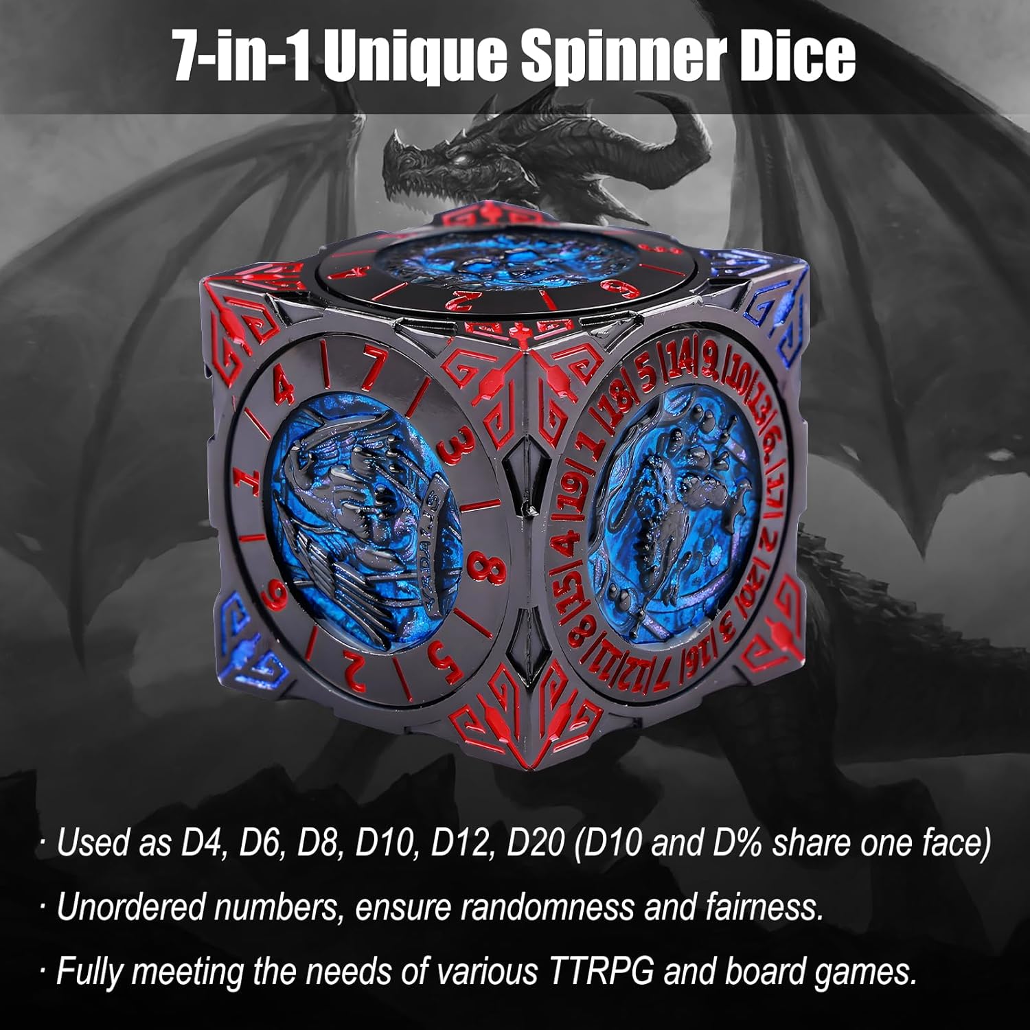 2025 New DND Fidget Spinner DICE: 7-in-1 Metal DND Dice Cube – 6-Sided Rotating Polyhedral Dice, Tabletop RPG Accessory for DMs and Player