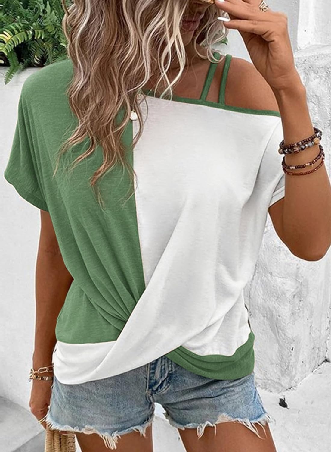 Dokotoo T Shirts for Women Twist Knot Color Block Loose Fit Cold Shoulder Tops for Women Fashion 2024