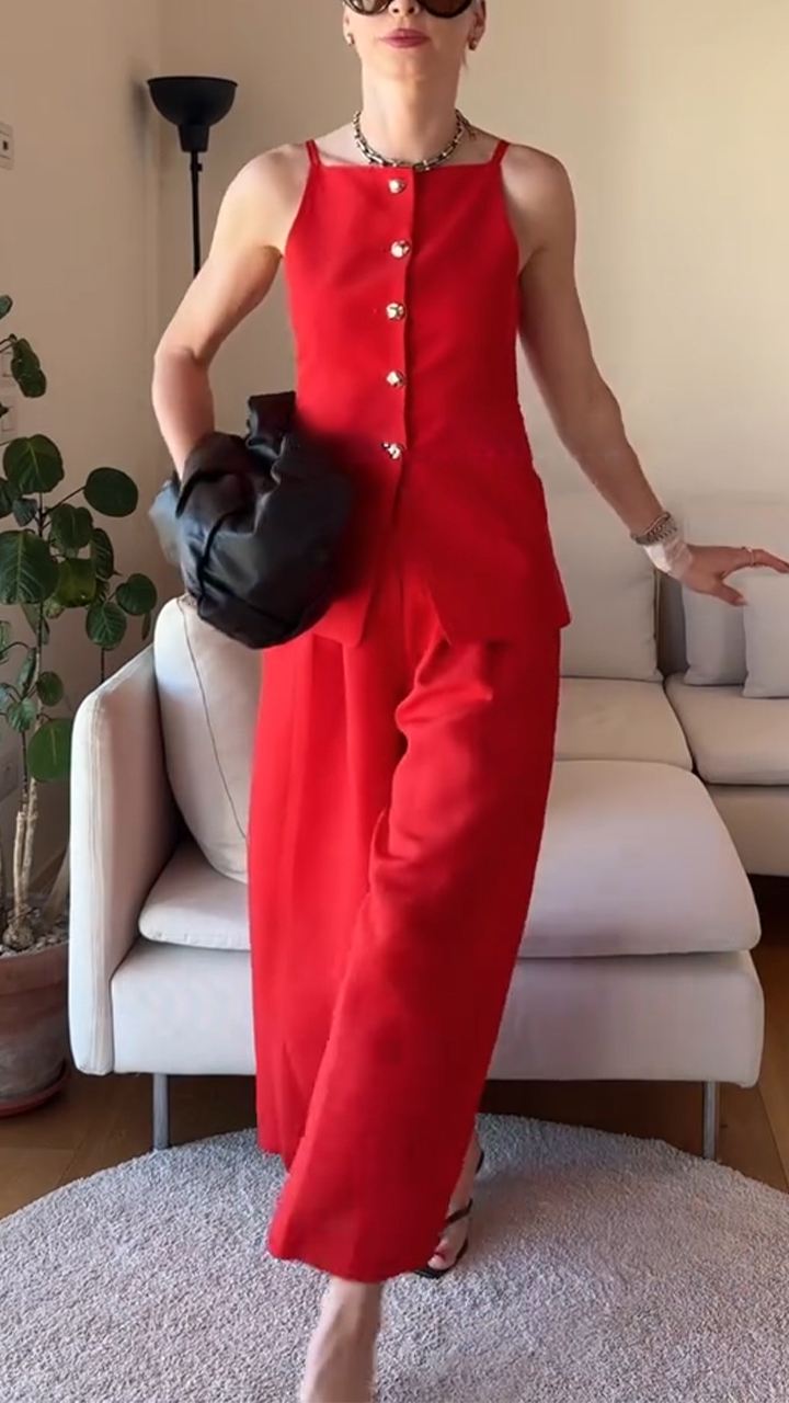 Ladies' Spaghetti Strap Buckle Top+pants Casual Temperament Set