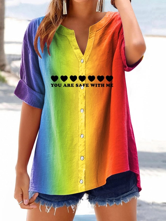 Women's gay month print button design shirt