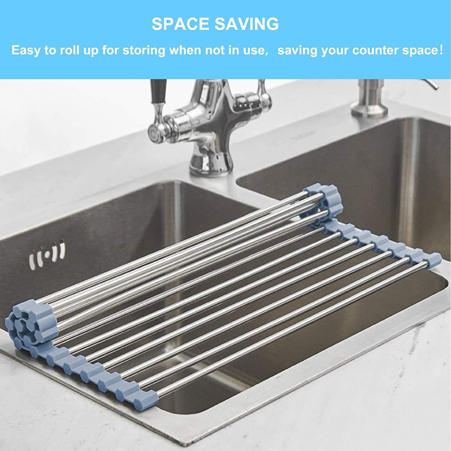 Seropy Roll Up Dish Drying Rack, Over The Sink Dish Drying Rack Kitchen Rolling Dish Drainer, Foldable Sink Rack Mat Stainless Steel Wire Dish Drying Rack for Kitchen Sink Counter Storage 17.5x11.8