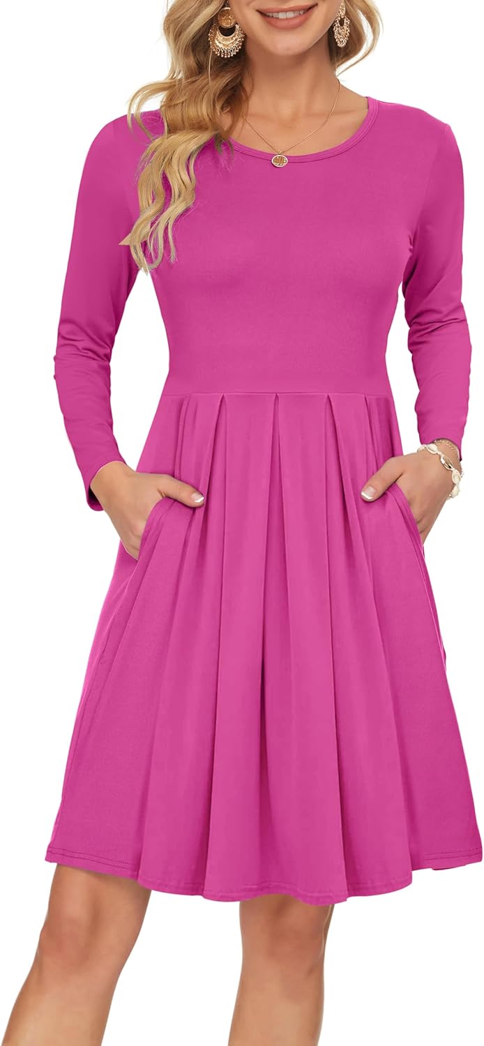 AUSELILY Women's Long Sleeve Pleated Loose Swing Casual Dress with Pockets Knee Length