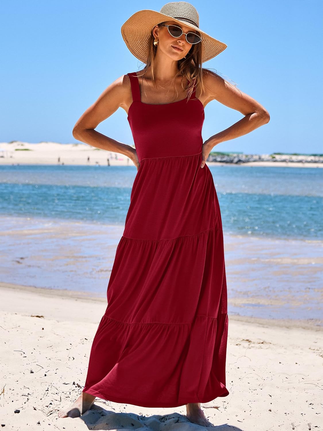 ANRABESS Women Dresses 2024 Summer Sleeveless Maxi Dress Casual Spaghetti Strap Tiered Flowy Beach Long Sun Dress