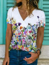 2021 flower print casual V-neck short-sleeved T-shirt for women