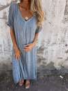 Women Cotton and Linen V-neck Midi Dress