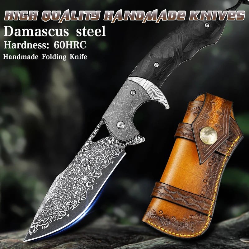 High-quality Damascus steel pocket knife, men's EDC survival folding knife, with sheath, camping, hunting, and fishing knife