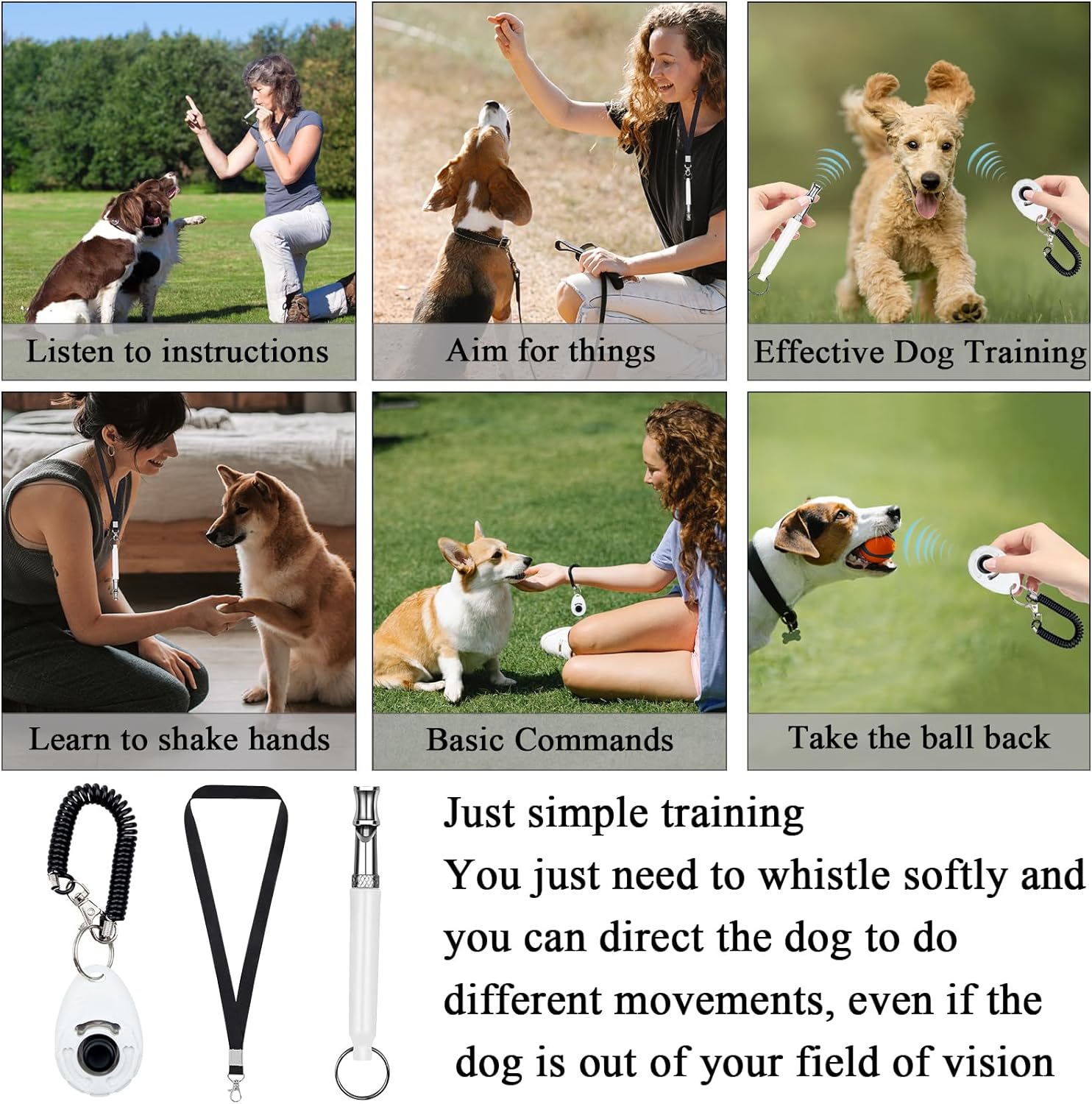 2 Pack Dog Whistle, 2 Pack Dog Clicker, 2Pack Lanyard, Dog Training Kit, Professional Recall Dog Training Whistles, Adjustable Ultrasonic Silent Dog Whistle (Black)