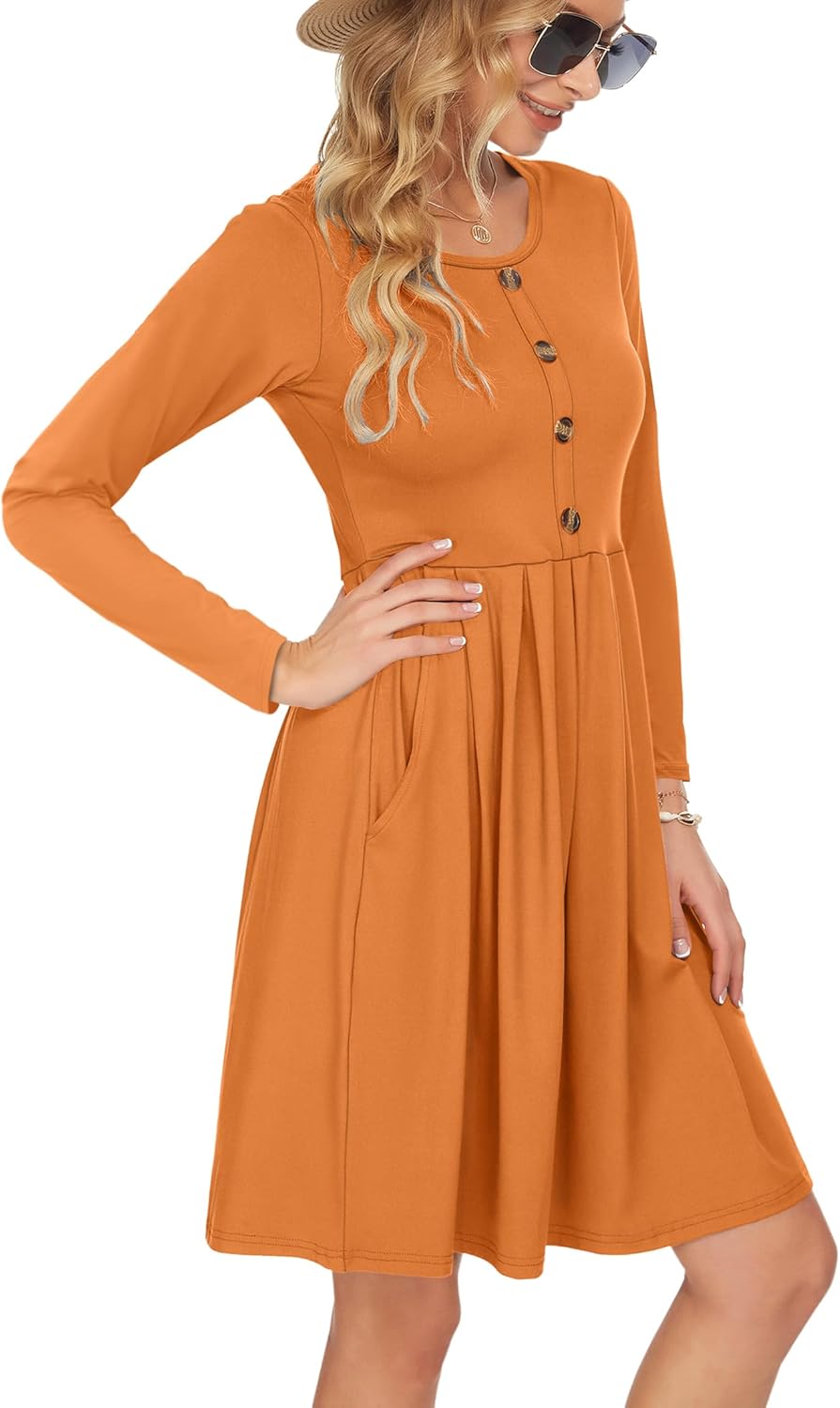 AUSELILY Women's Long Sleeve Pleated Loose Swing Casual Dress with Pockets Knee Length