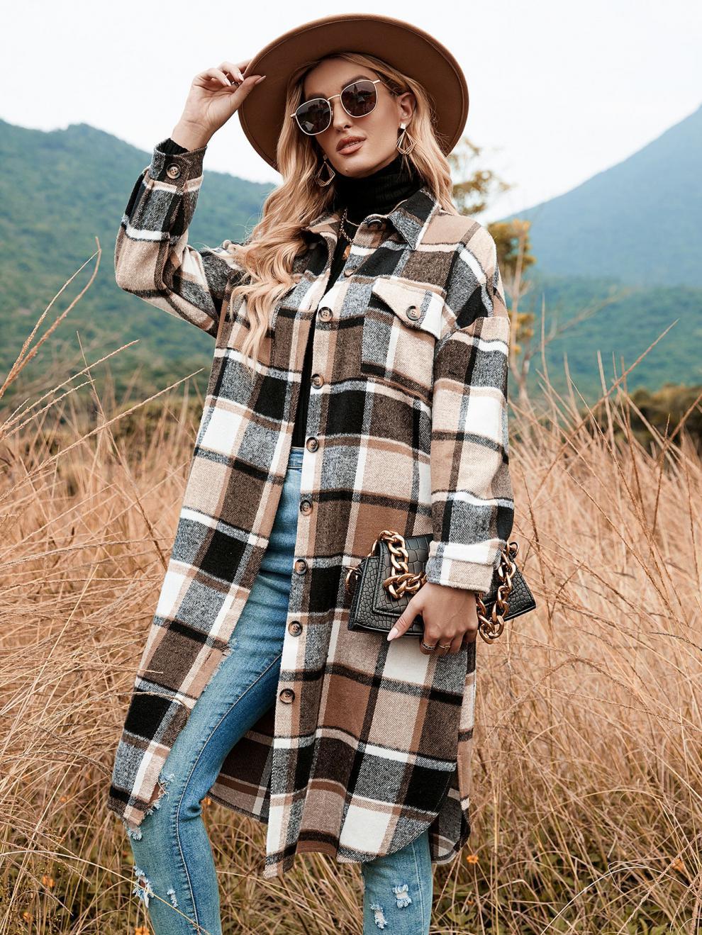 🔥 Last Day Promotion 50% OFF 🔥Women's Plaid Print Button Front Split Long Sleeve Warm Coat