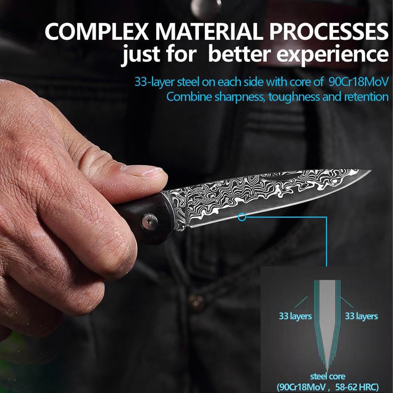 Exquisite Handcrafted Stainless Steel Pocket Knife with Wooden Handle and Damascus Blade
