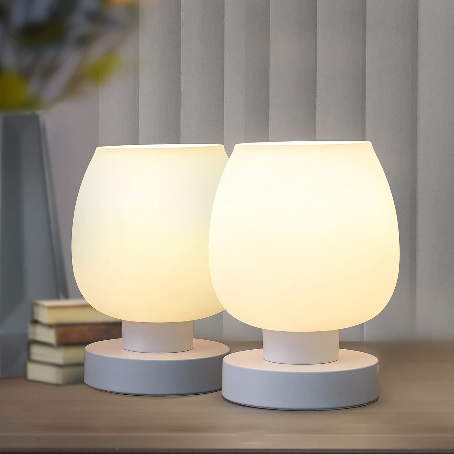 Touch Bedside Table Lamp - Modern Small Lamp for Bedroom Living Room Nightstand, Desk lamp with White Opal Glass Lamp Shade, Warm LED Bulb, 3 Way Dimmable, Simple Design Mother's Day Gifts