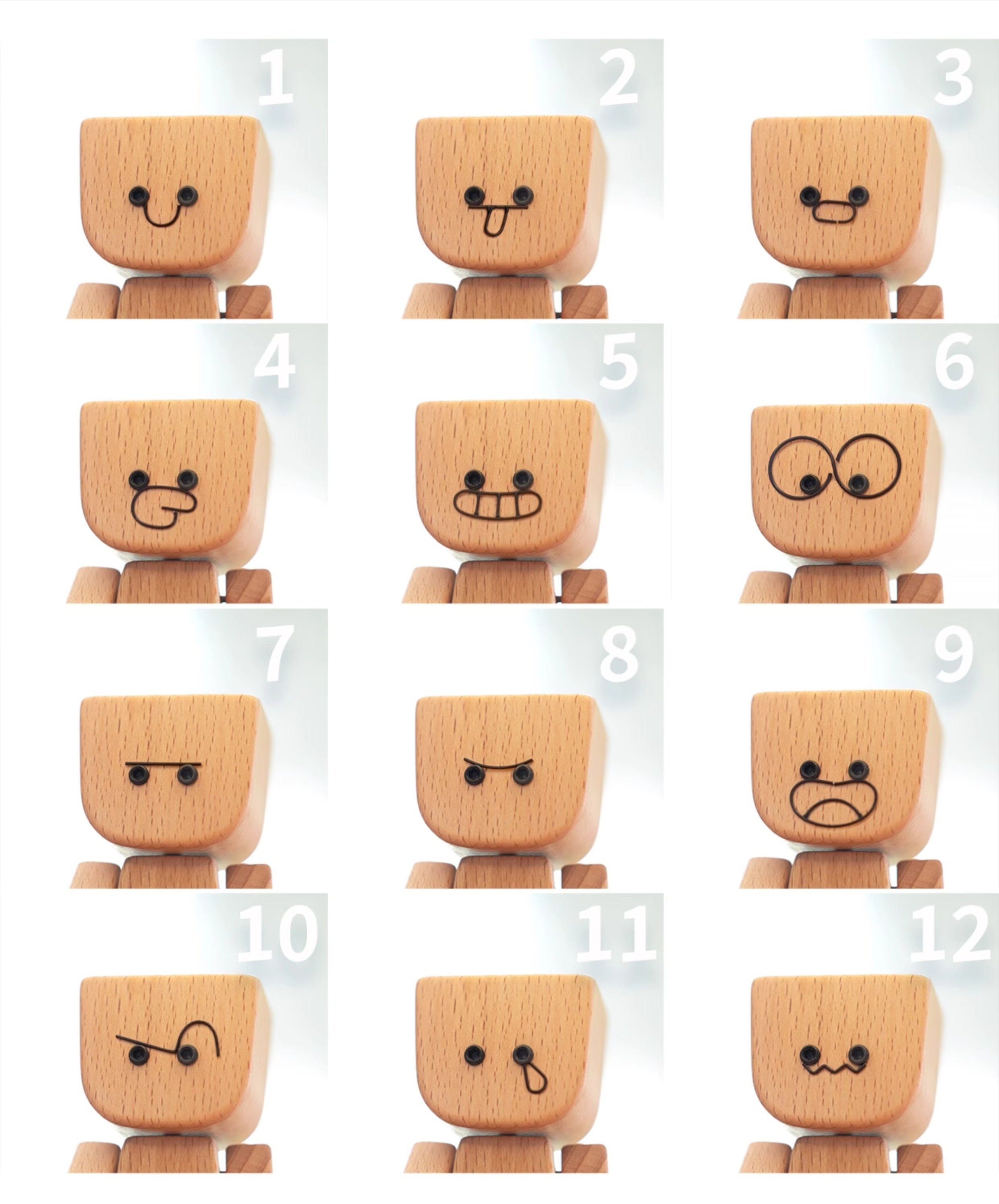 Charmante kleine Holzfigur, die mit 12 magnetischen Ausdrücken schwankt
