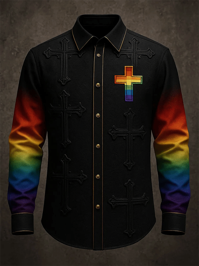 Men's Vintage  Rainbow Art Print Long Sleeve Shirt